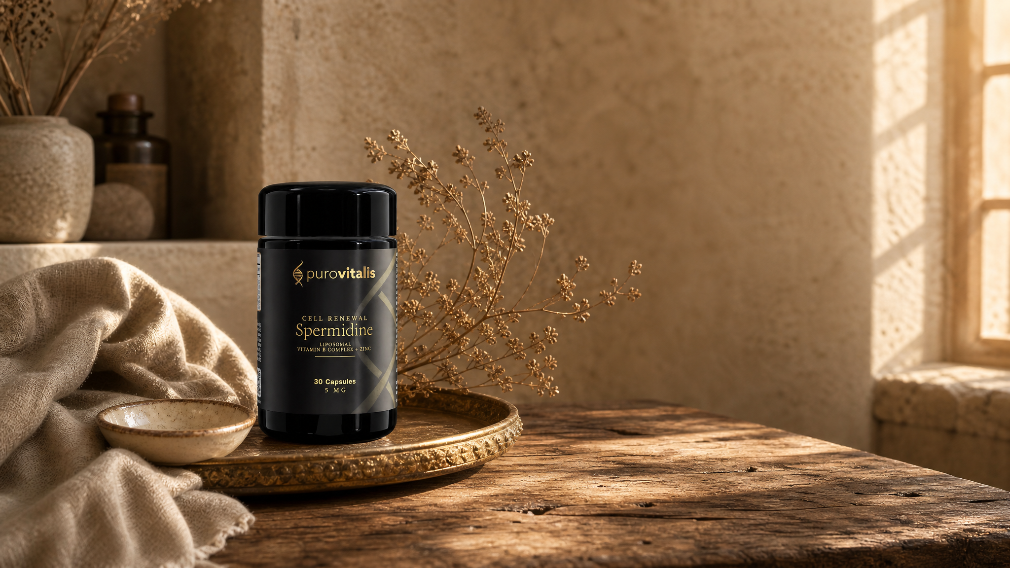 Velorae Essence Cell Renewal Liposomal Spermidine bottle resting on a brass tray in a warm old-world apothecary still-life with linen, dried botanicals and golden light