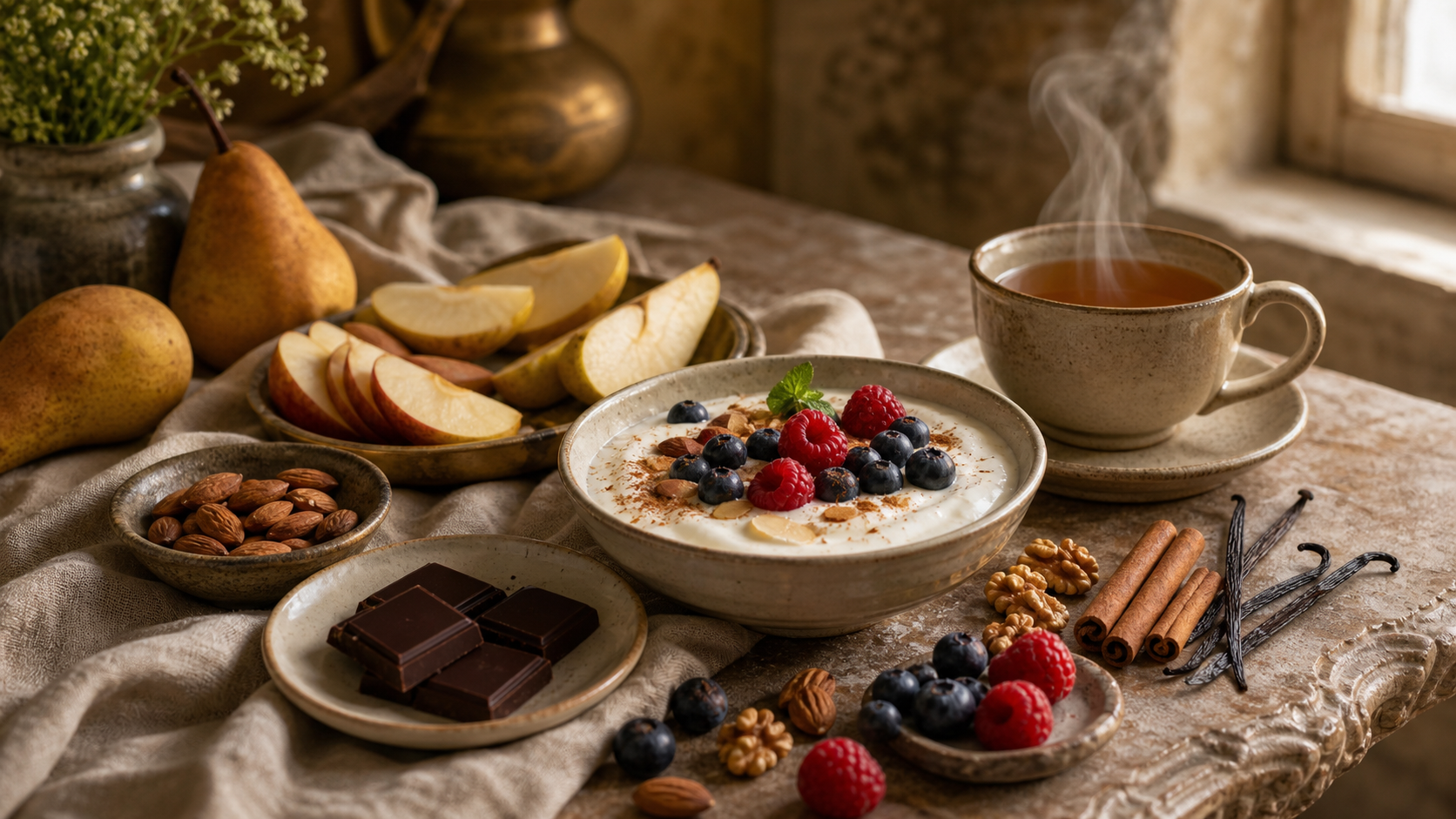 An Old-World tabletop still-life of naturally sweet whole foods — fresh berries, sliced apple and pear, dark chocolate, almonds and walnuts, Greek yogurt with cinnamon, and a cup of herbal tea in warm natural light