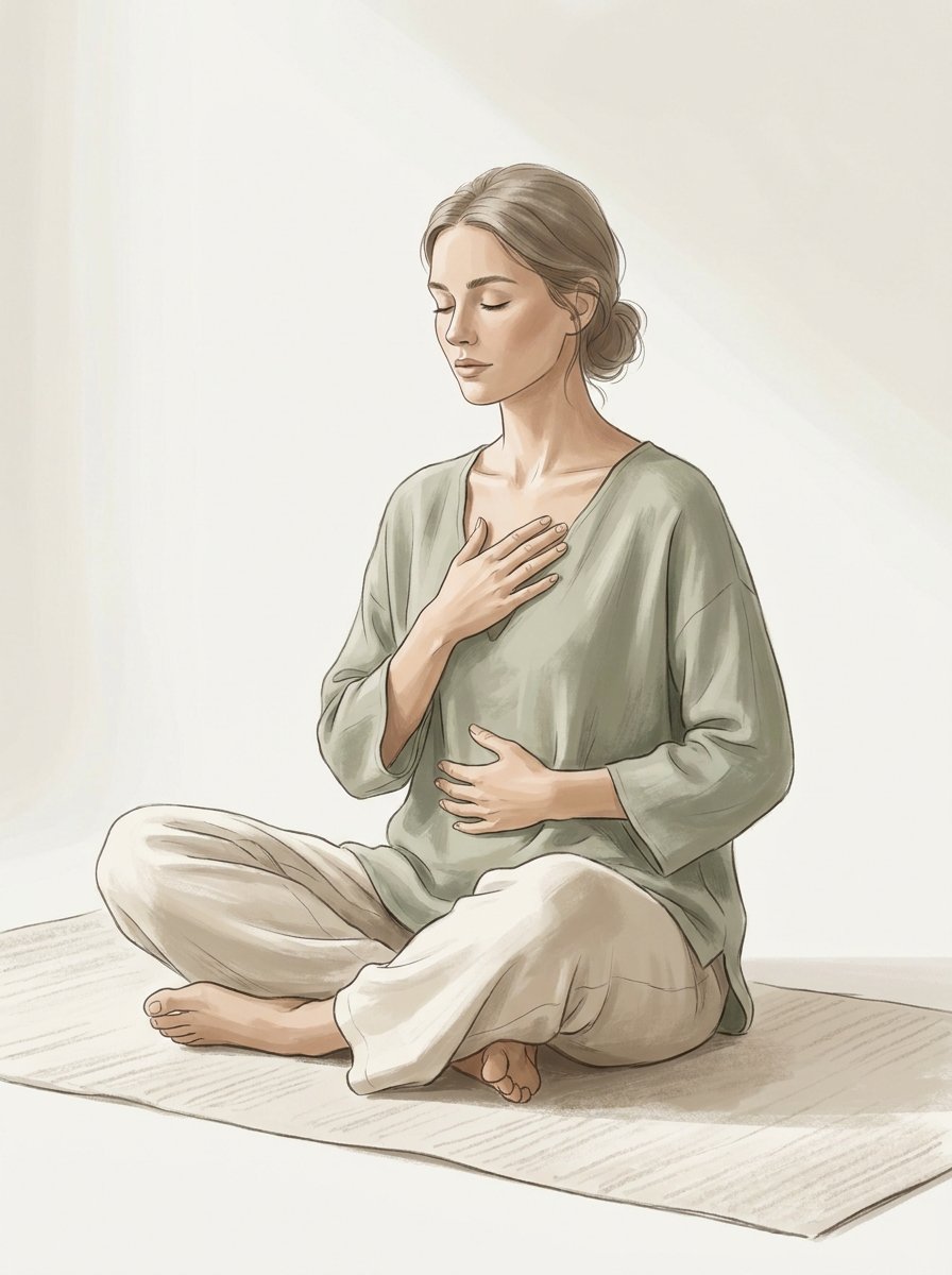 Woman seated cross-legged practising a physiological sigh with hand on chest