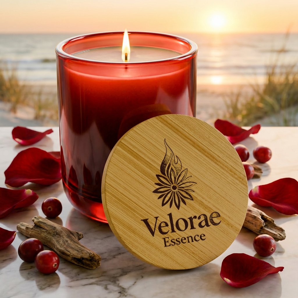 Velorae Essence engraved red soy candle with bamboo lid featuring brand logo