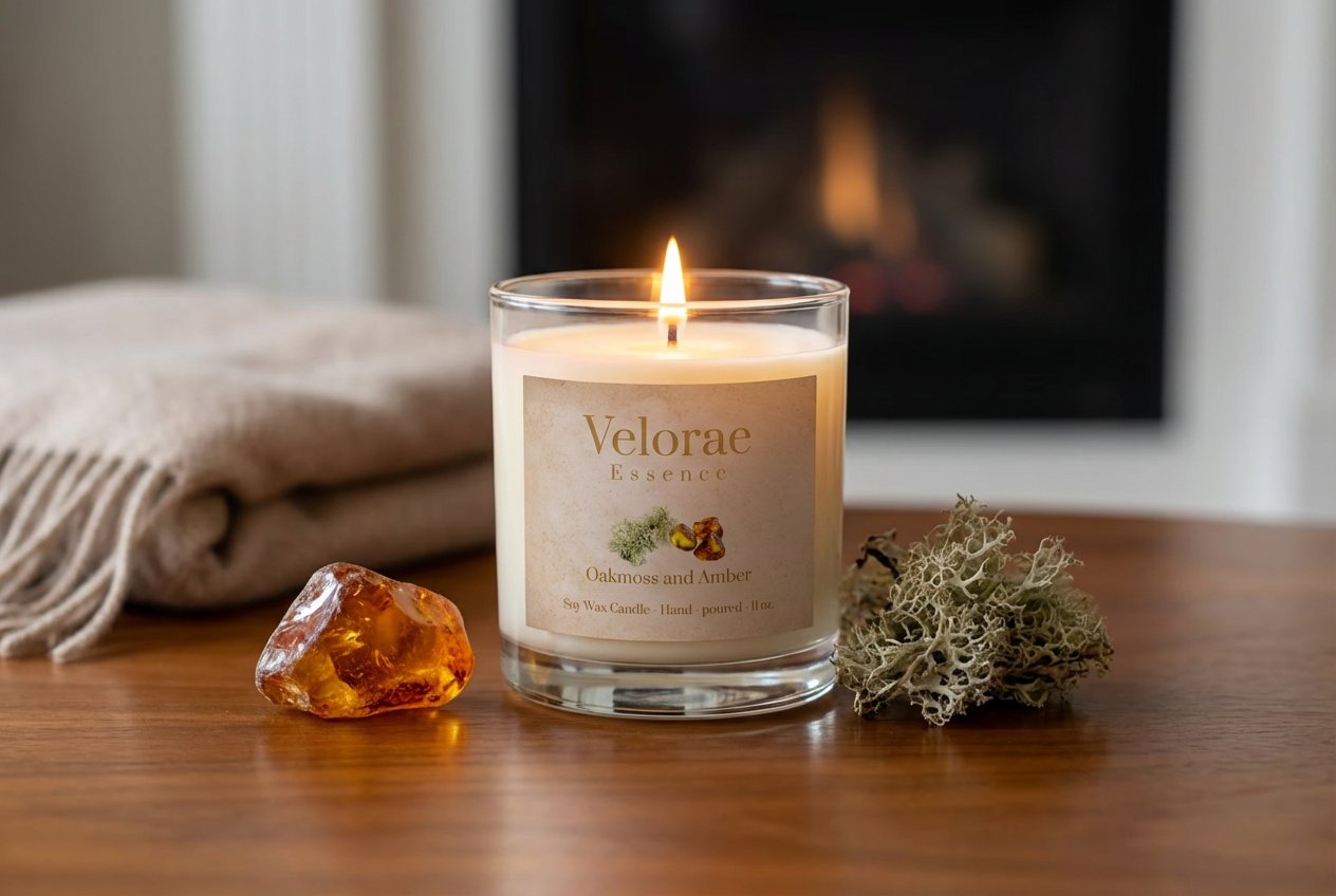 Velorae Essence Oakmoss and Amber soy wax candle with amber crystal and moss