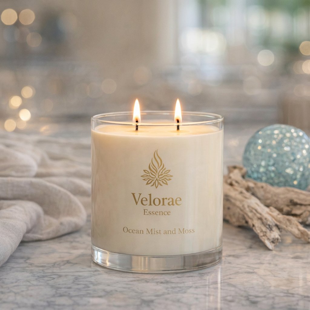 Velorae Essence Ocean Mist and Moss candle in clear glass with coastal styling