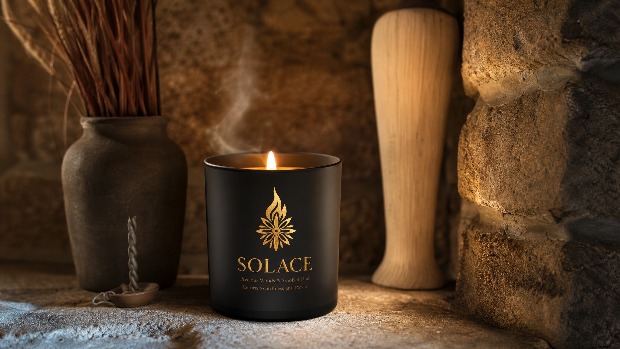 Velorae Essence Solace candle in matte black vessel with gold flame logo, Precious Woods and Smoked Oud, on aged stone beside ceramic vases