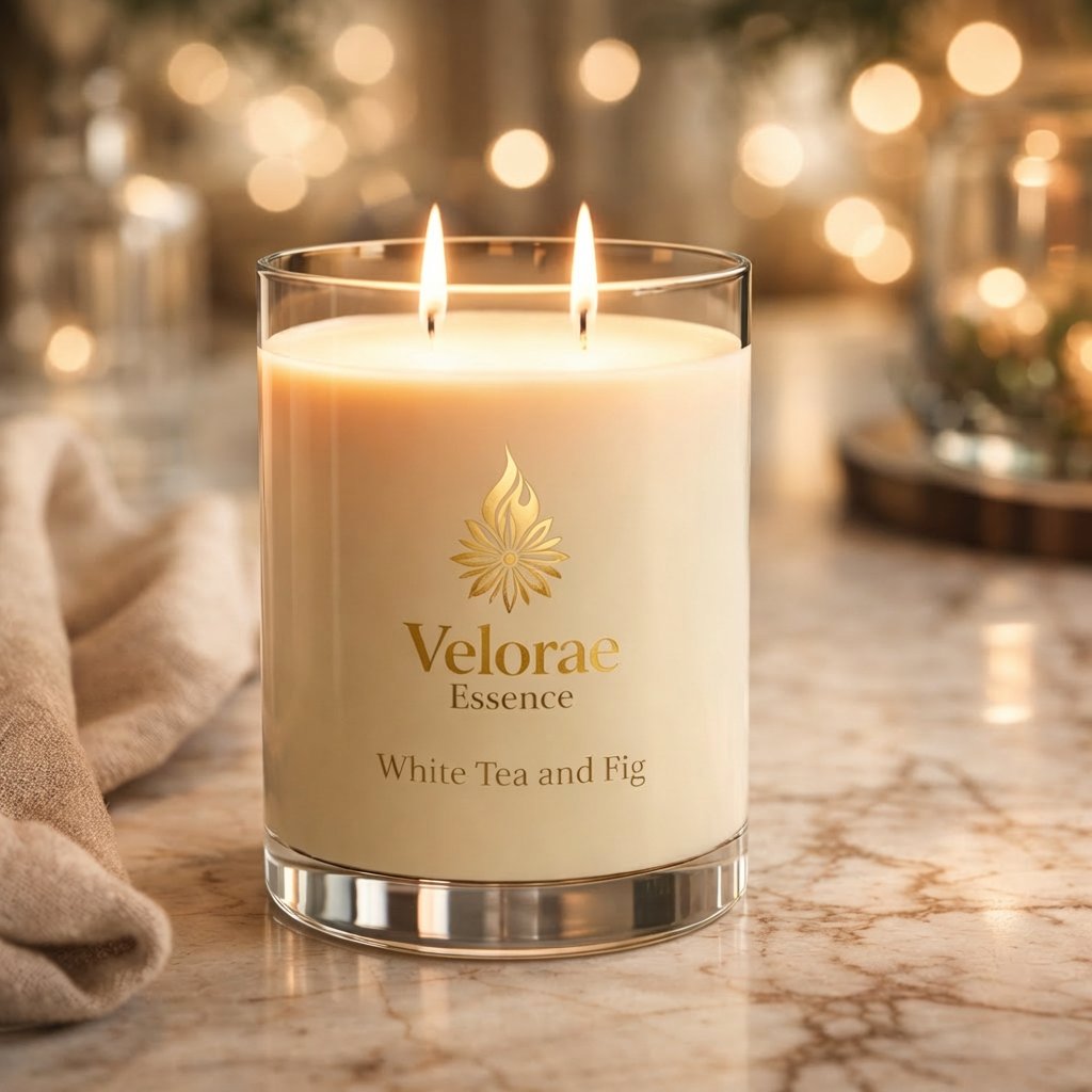 Velorae Essence White Tea and Fig candle in clear glass with warm bokeh lighting