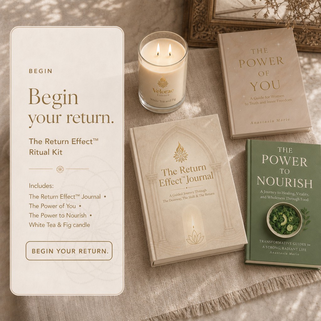 Return to yourself — The Return Effect Journals with Velorae candles and crystals on linen