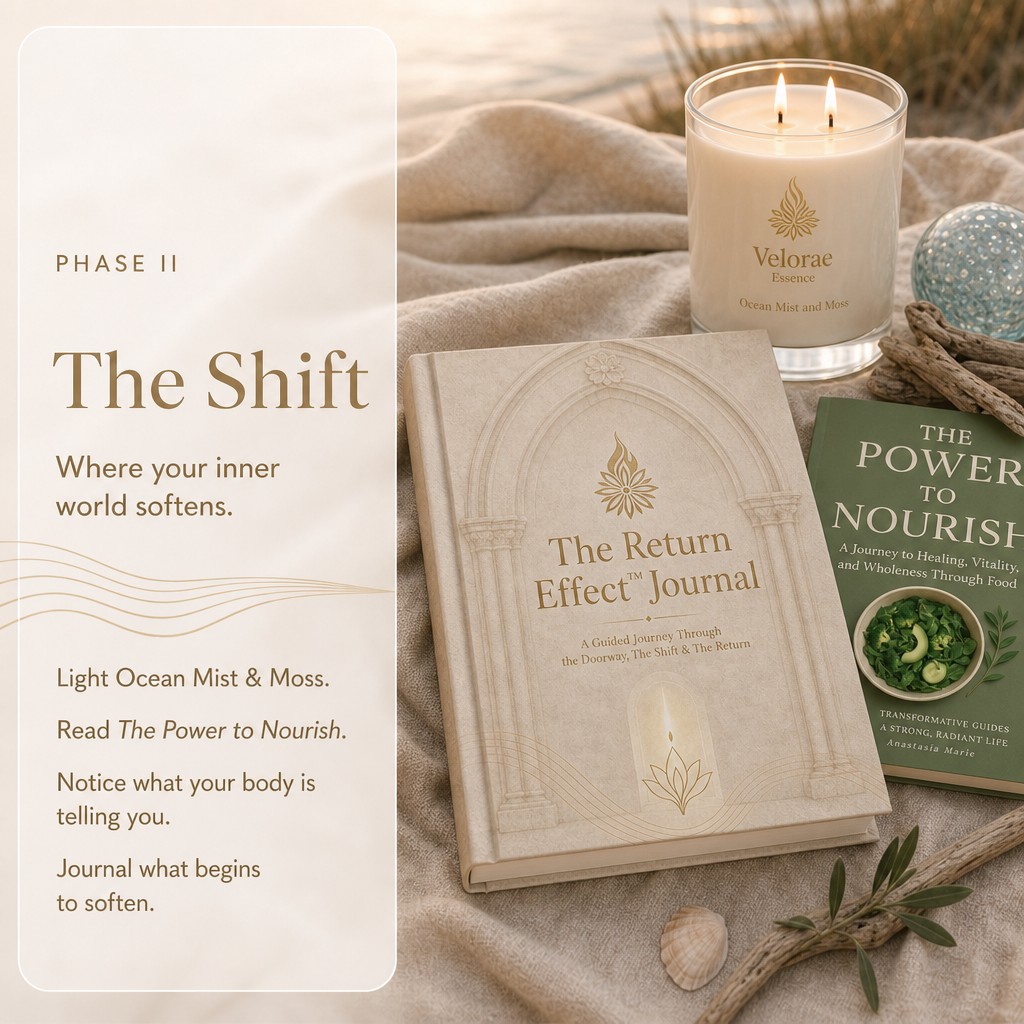 Phase II — The Shift. Ocean Mist & Moss candle with The Return Effect Journal on beach linen