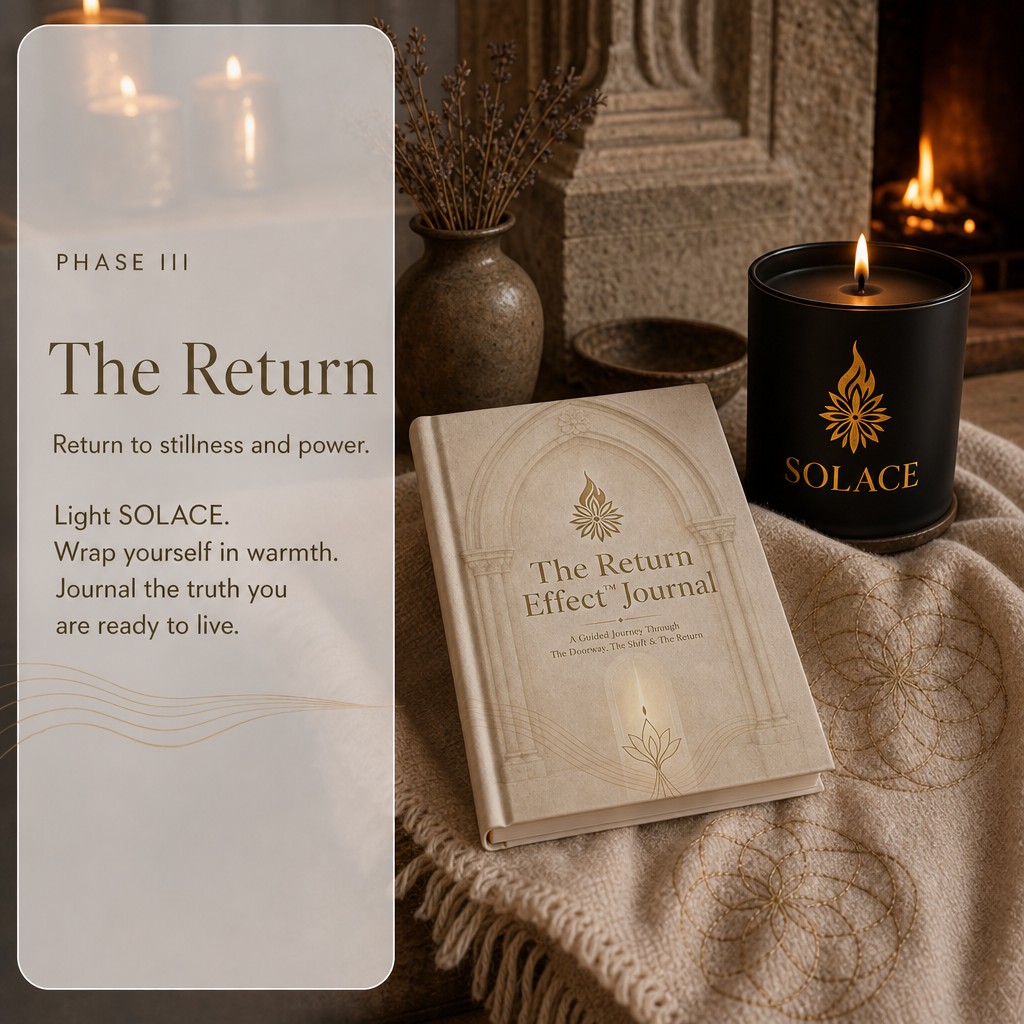 Phase III — The Return. Solace candle with The Return Effect Journal by stone fireplace