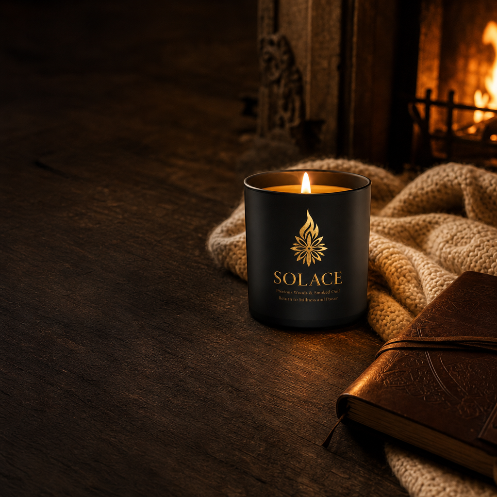 Phase III — The Return. Black Solace candle by a fireplace with a knit blanket and the journal