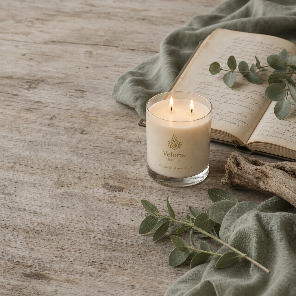Phase II — The Shift. Ocean Mist & Moss candle with the journal and eucalyptus in soft sage tones