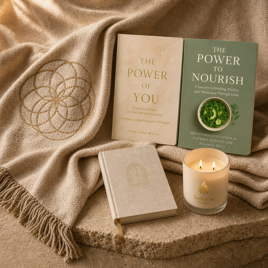 Begin Your Journey — The Power of You and The Power to Nourish books with a Velorae candle, The Return Effect journal, and the Seed of Life blanket