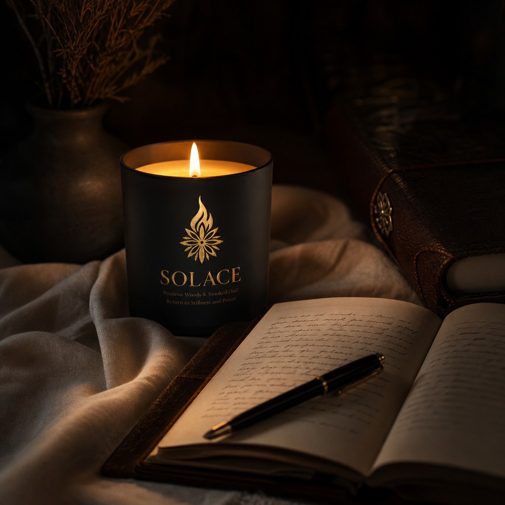 Candles with an open journal and pen on linen