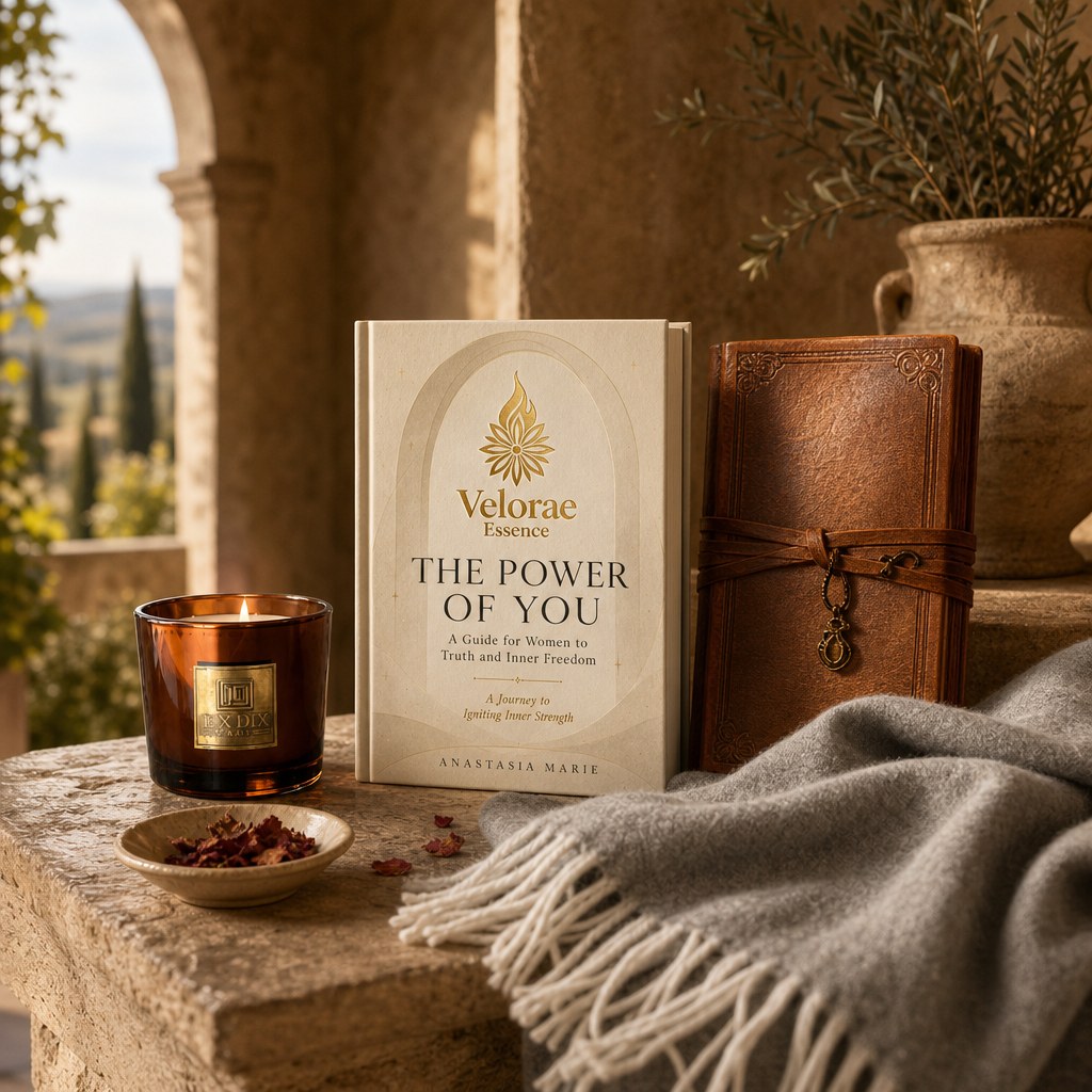 The Power of You book with a candle, a leather journal, and a merino cashmere throw on warm stone