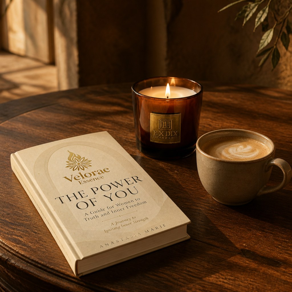 The Power of You book, closed, beside a lit candle and a warm latte