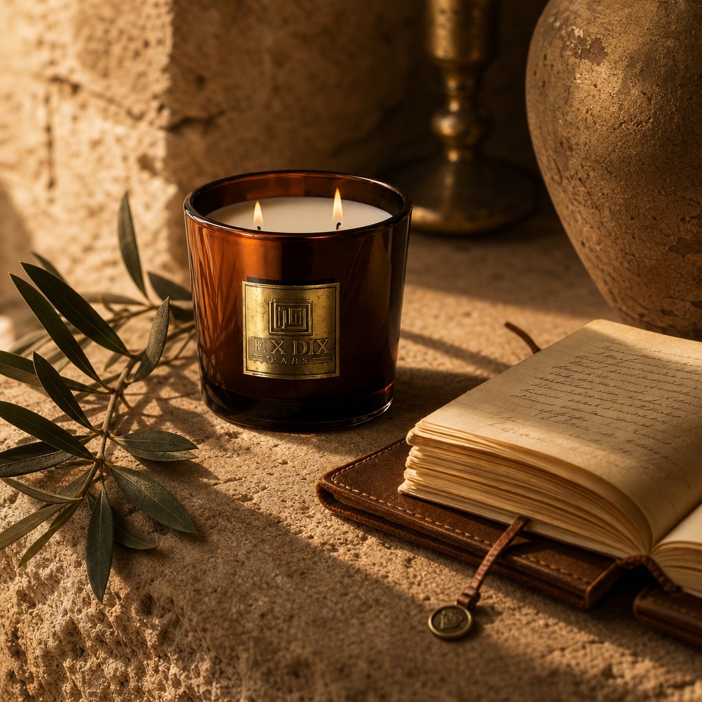 A candle with an open journal and eucalyptus in soft light