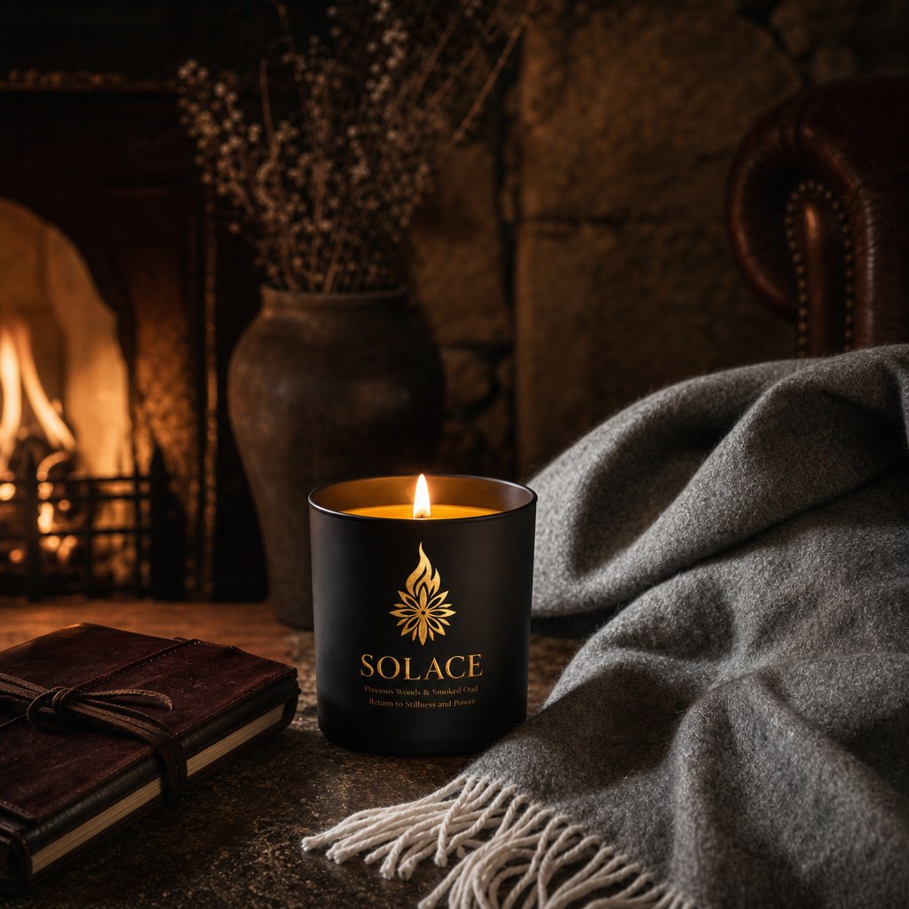 A Solace candle glowing by a fireplace with a merino cashmere throw and a journal