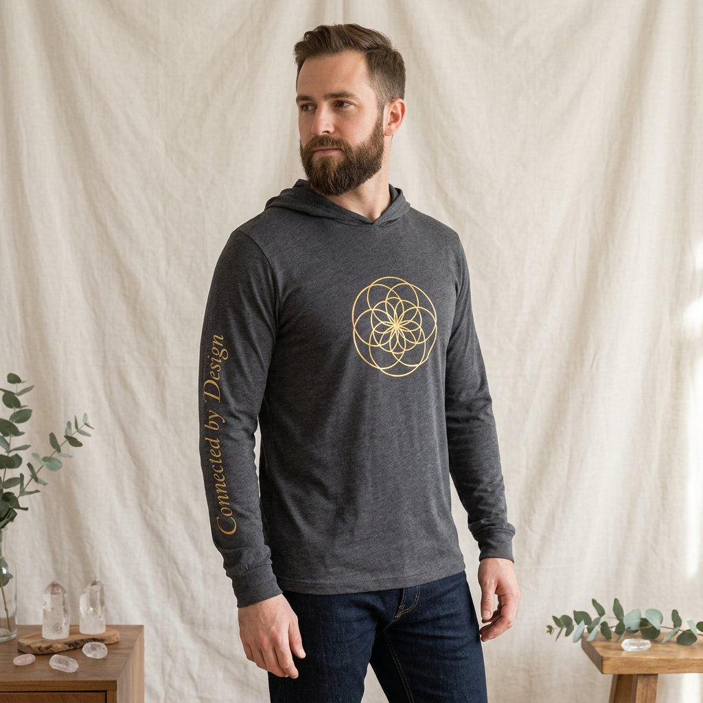 Men's Connected by Design charcoal hoodie tee with gold seed of life and sleeve print