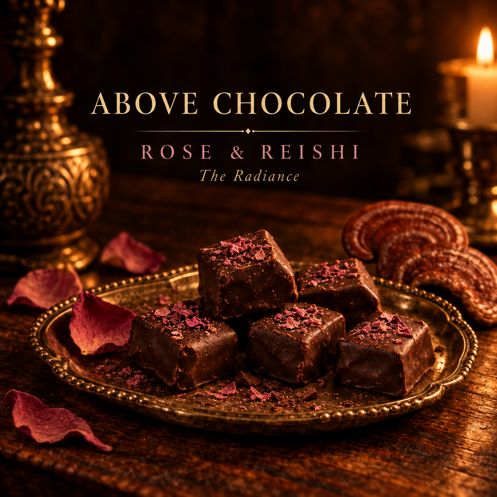 Above Chocolate Rose & Reishi dark chocolate bites on a brass plate with rose petals and reishi mushroom