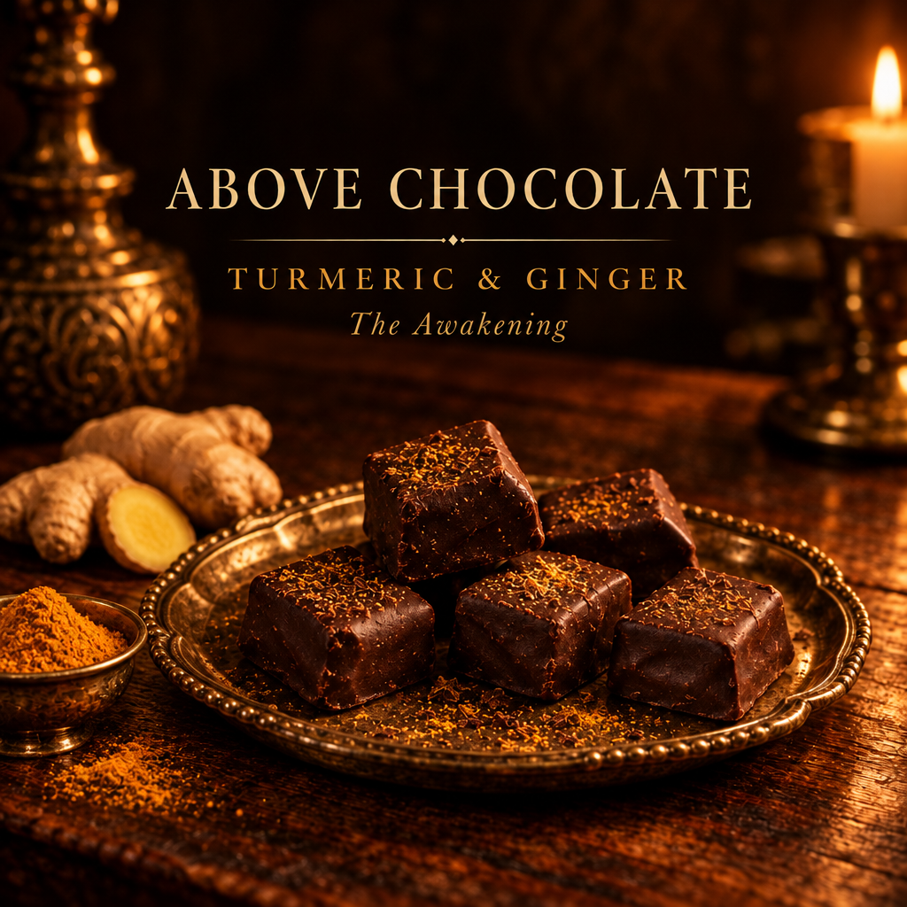 Above Chocolate Turmeric & Ginger dark chocolate bites on a brass plate with fresh ginger and turmeric