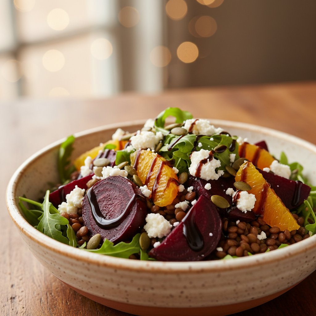 Roasted beet and lentil bowl with crumbled goat cheese, pumpkin seeds, orange segments, arugula, and balsamic glaze