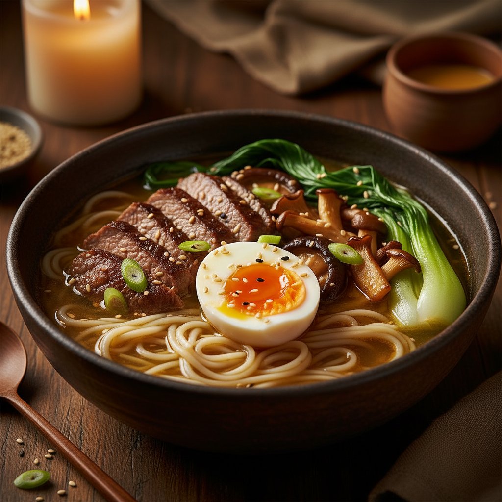 Bone broth ramen bowl with rice noodles, shiitake mushrooms, bok choy, soft-boiled egg, and sesame