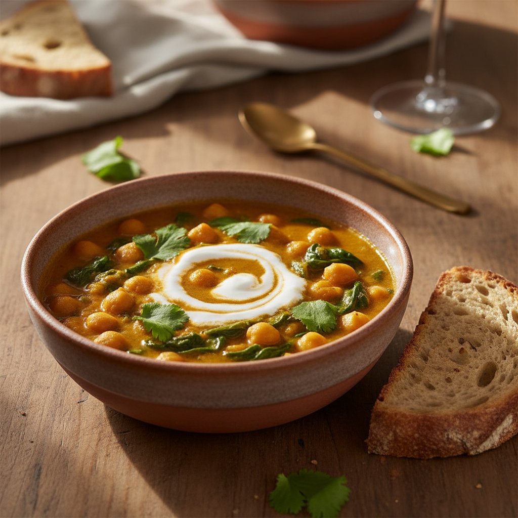 Golden turmeric coconut chickpea stew with wilted spinach and coconut cream swirl served with sourdough