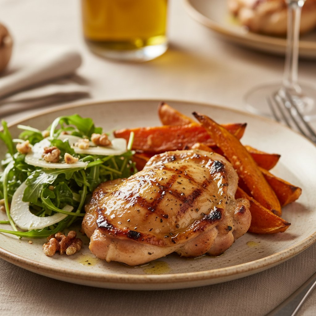 Roasted lemon-herb chicken thighs with sweet potato wedges and fresh arugula fennel walnut salad