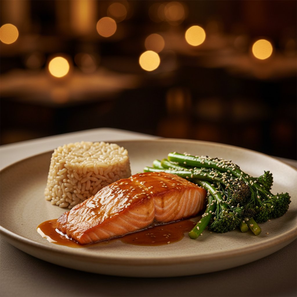Miso-ginger glazed salmon fillet on brown rice with roasted broccolini and sesame seeds