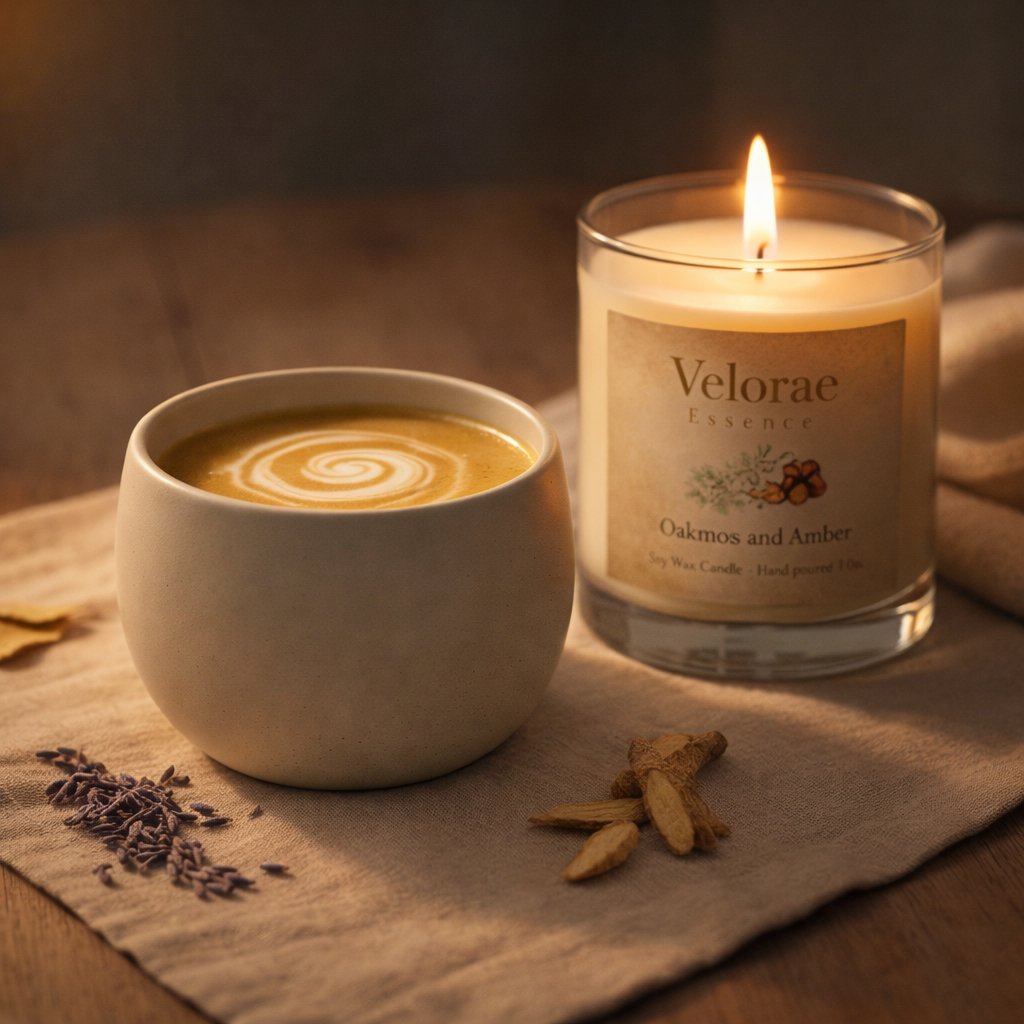 Golden chamomile ashwagandha nightcap with lavender buds beside a Velorae Essence Oakmoss and Amber candle