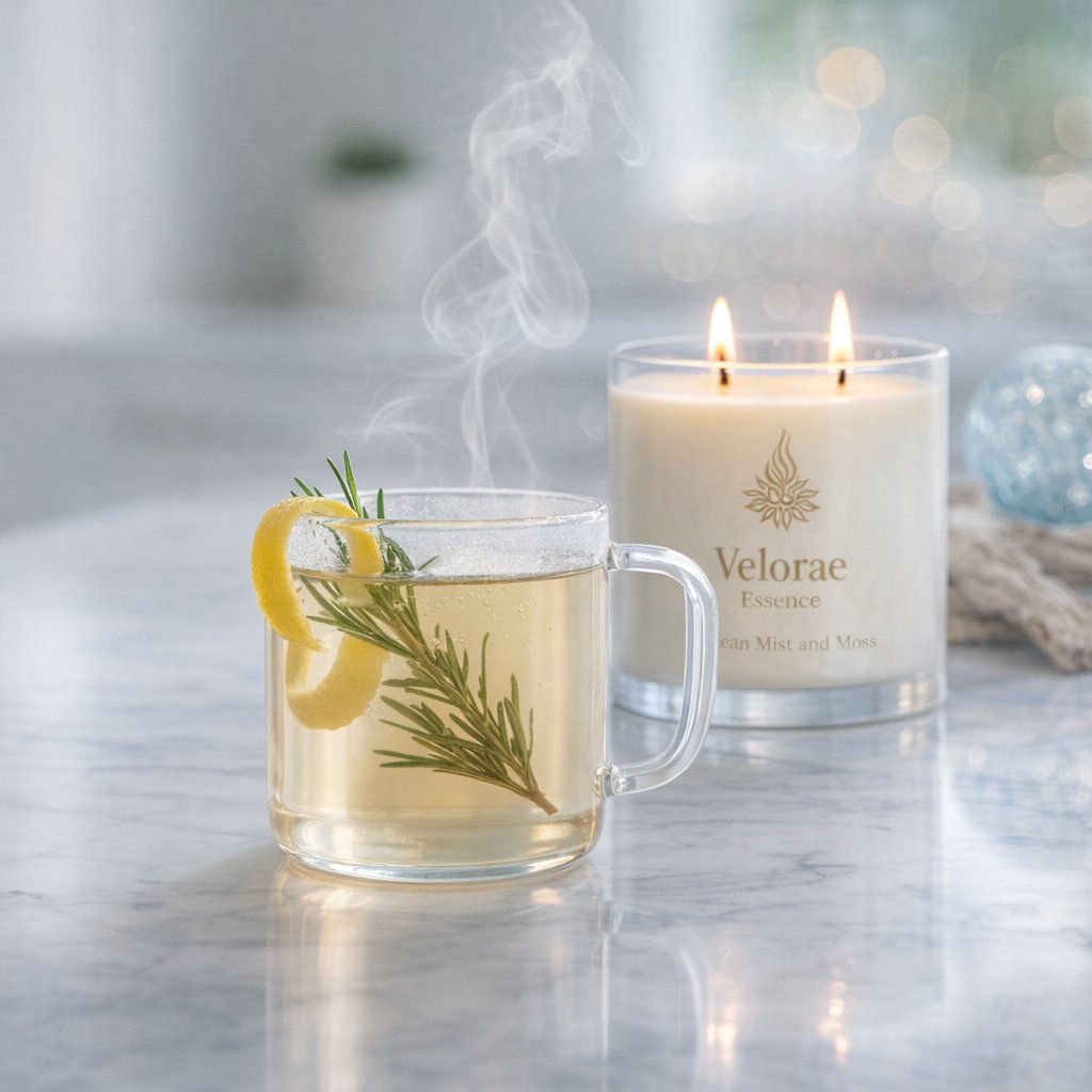Clear glass mug of lion's mane rosemary tonic with lemon twist and fresh rosemary sprig