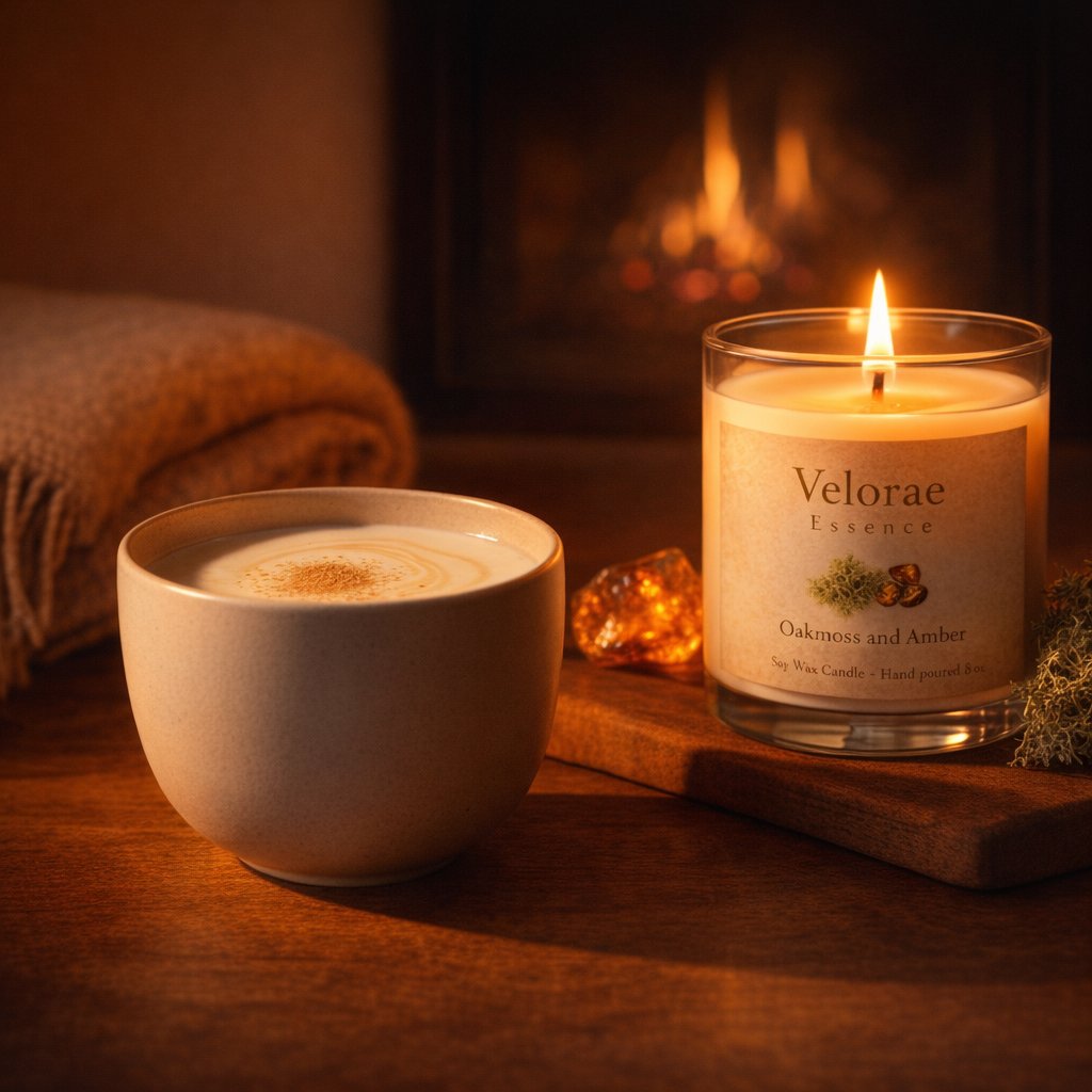 Creamy reishi vanilla moon milk in a ceramic cup with cinnamon sprinkle beside a Velorae Essence candle
