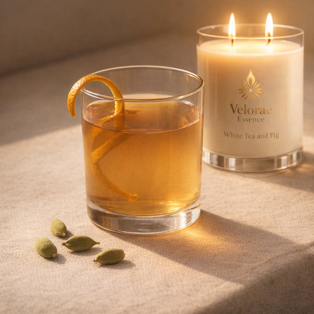 Amber rhodiola citrus tonic with orange peel and cardamom pods beside a Velorae Essence White Tea and Fig candle