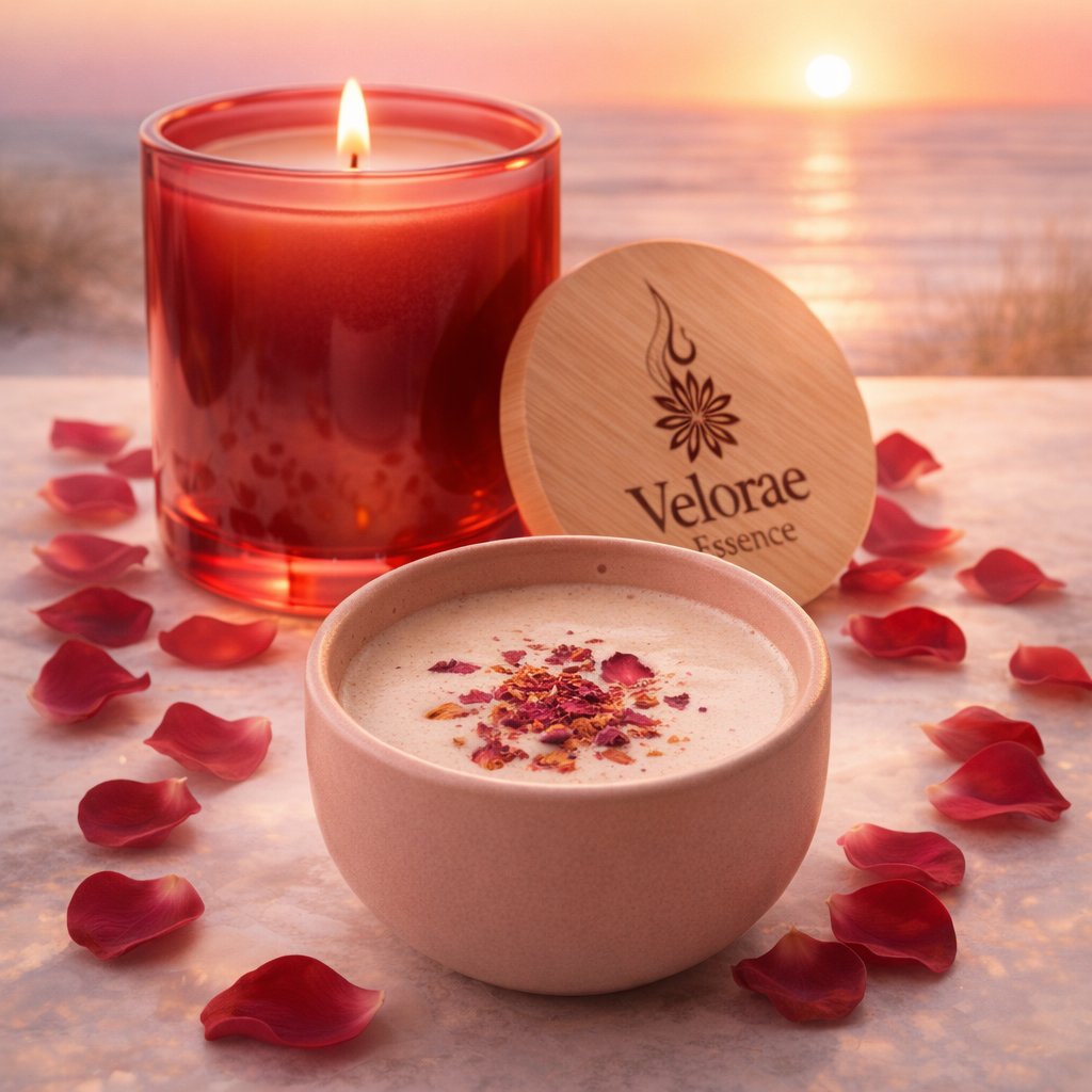 Pink shatavari rose latte topped with dried rose petals beside a Velorae Essence red candle at sunset