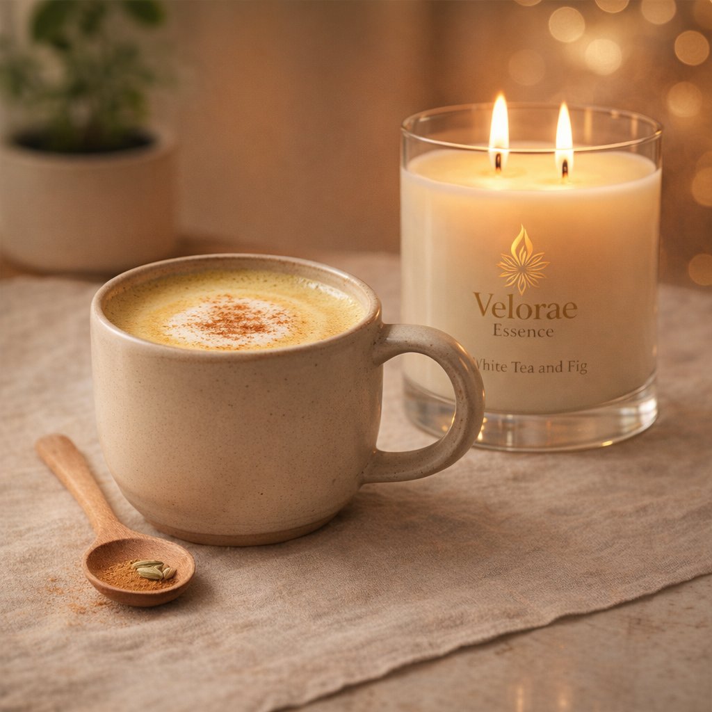 Warm tulsi ashwagandha latte in a ceramic cup beside a Velorae Essence Oakmoss and Amber candle