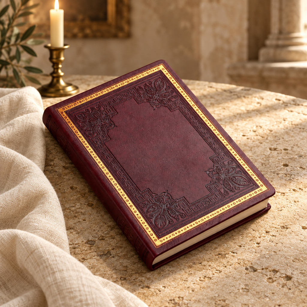 Burgundy 18th-century-inspired journal with ornate gold-embossed border resting on a sunlit stone surface