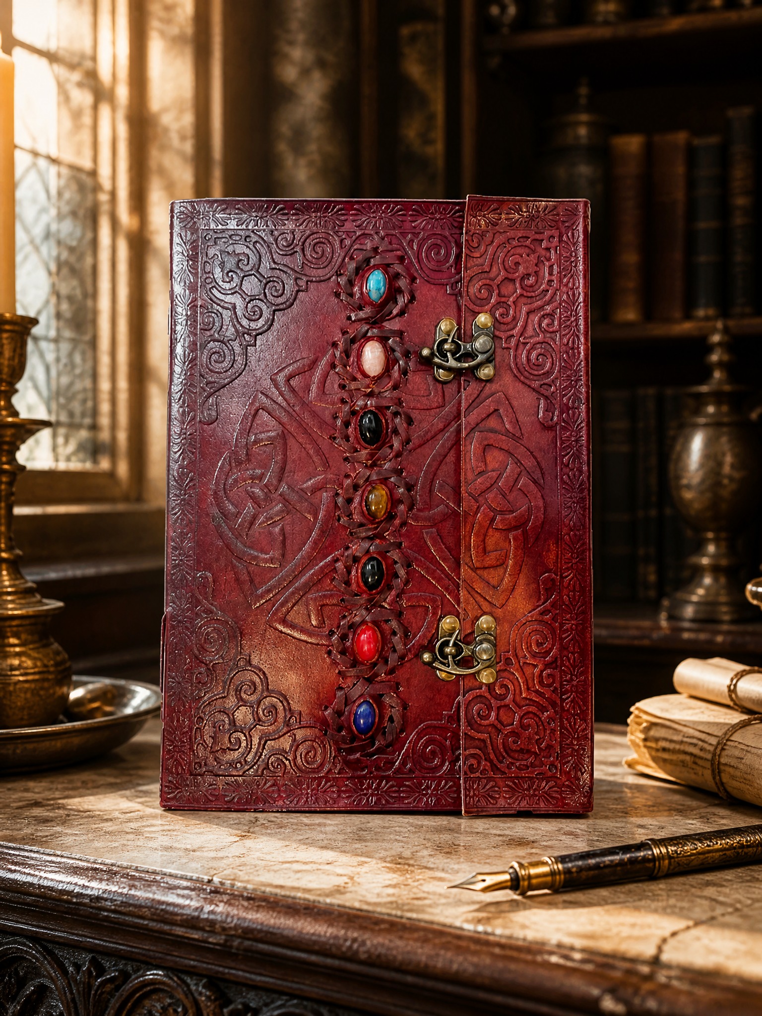 Burgundy chakra-stone leather journal with seven coloured cabochon stones and brass clasps