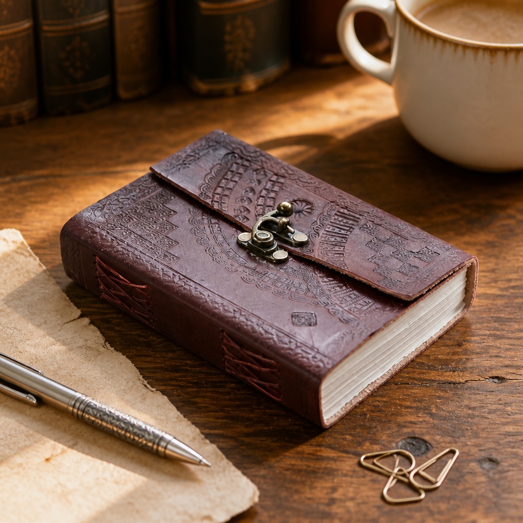 Embossed leather journal with brass clasp on a wooden desk