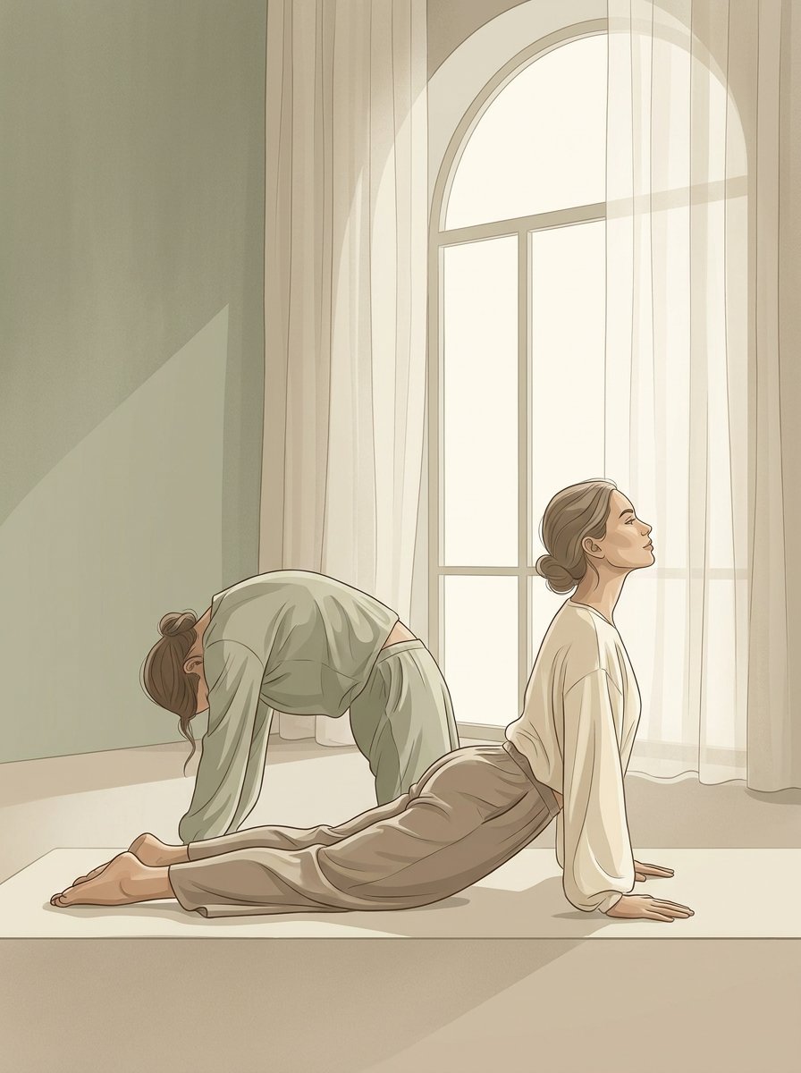 Woman performing cat-cow spinal wave by an arched window
