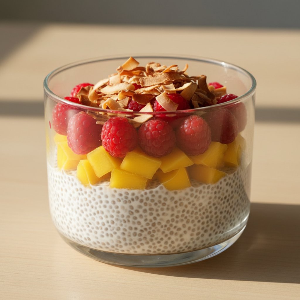 Layered chia pudding in glass with coconut milk, cubed mango, raspberries, and toasted coconut flakes