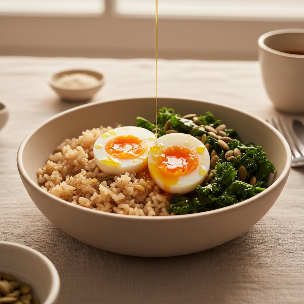 Brown rice bowl with sautéed kale, halved soft-boiled eggs drizzled with olive oil, and pumpkin seeds