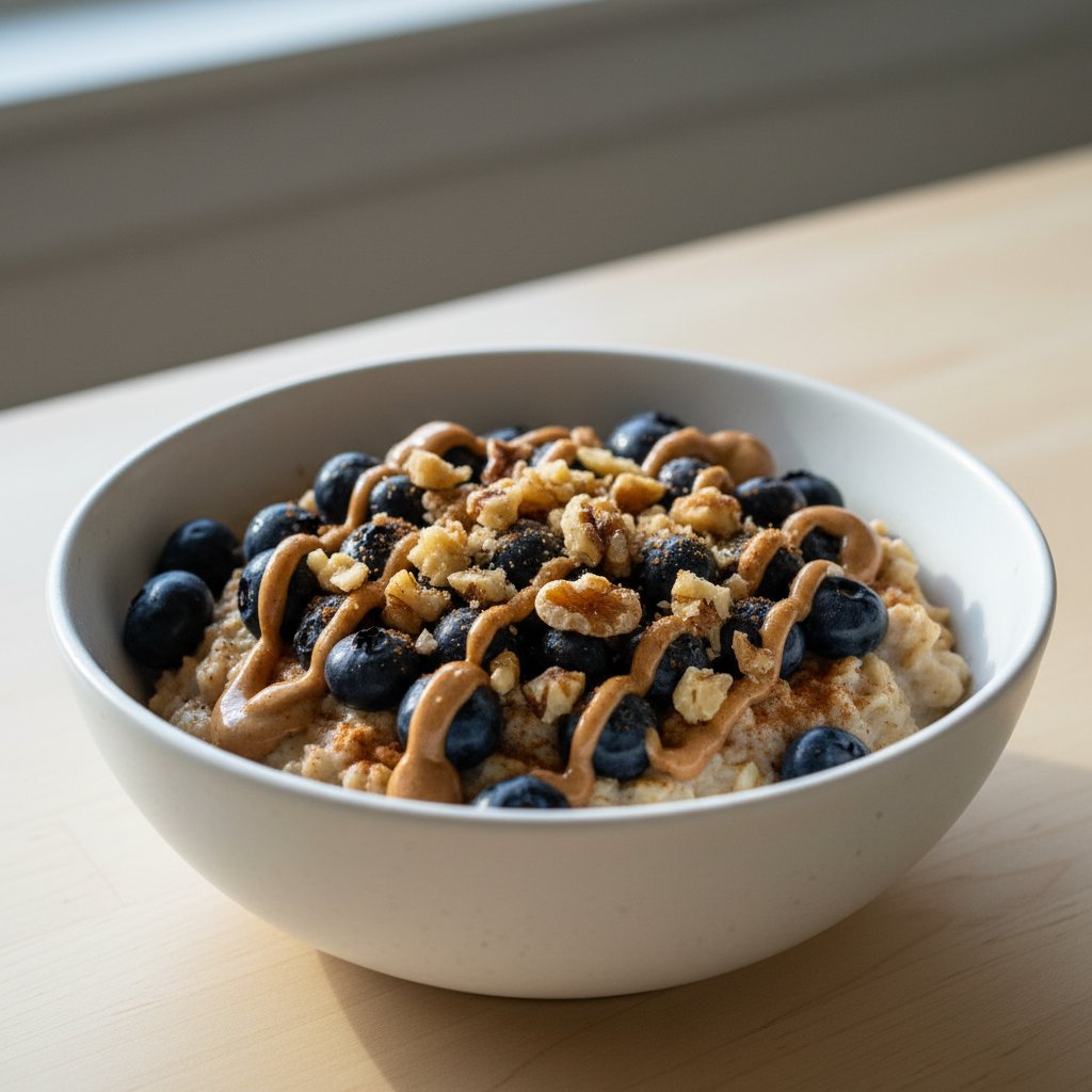 Creamy steel-cut oats topped with fresh blueberries, drizzled almond butter, crushed walnuts and cinnamon