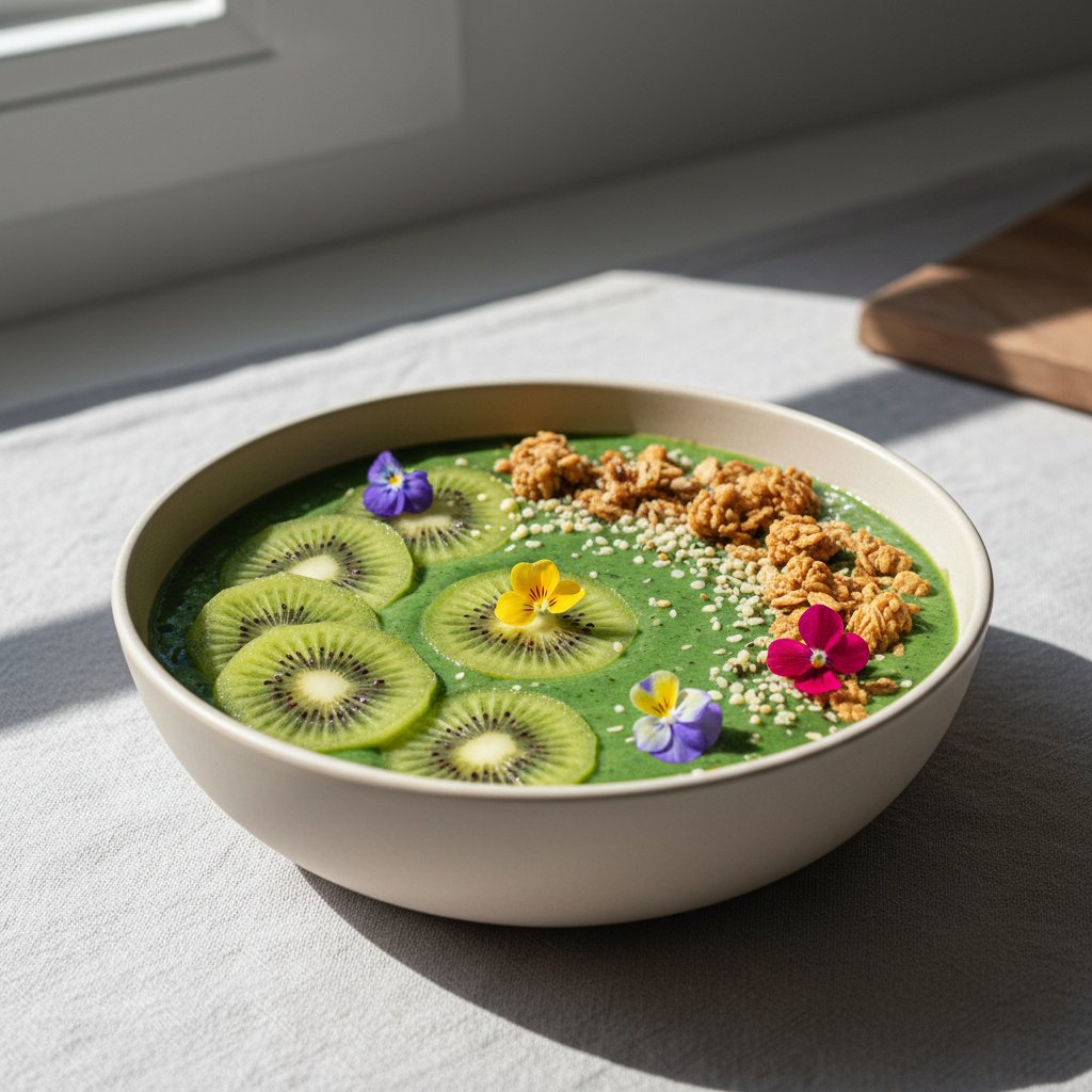 Vibrant green smoothie bowl topped with kiwi slices, granola clusters, hemp seeds, and edible flowers