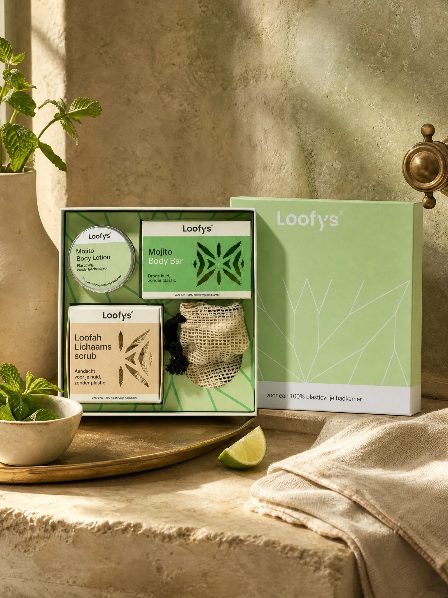 Luxury Body Care Set in Mojito (Lime & Mint) — vegan, plastic-free gift set with body lotion, solid body soap bar, natural loofah sponge and soap bag