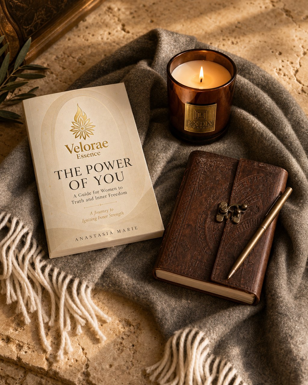 The Return Starter Ritual Bundle — The Power of You book, a leather journal, and a ritual candle arranged on a warm stone surface
