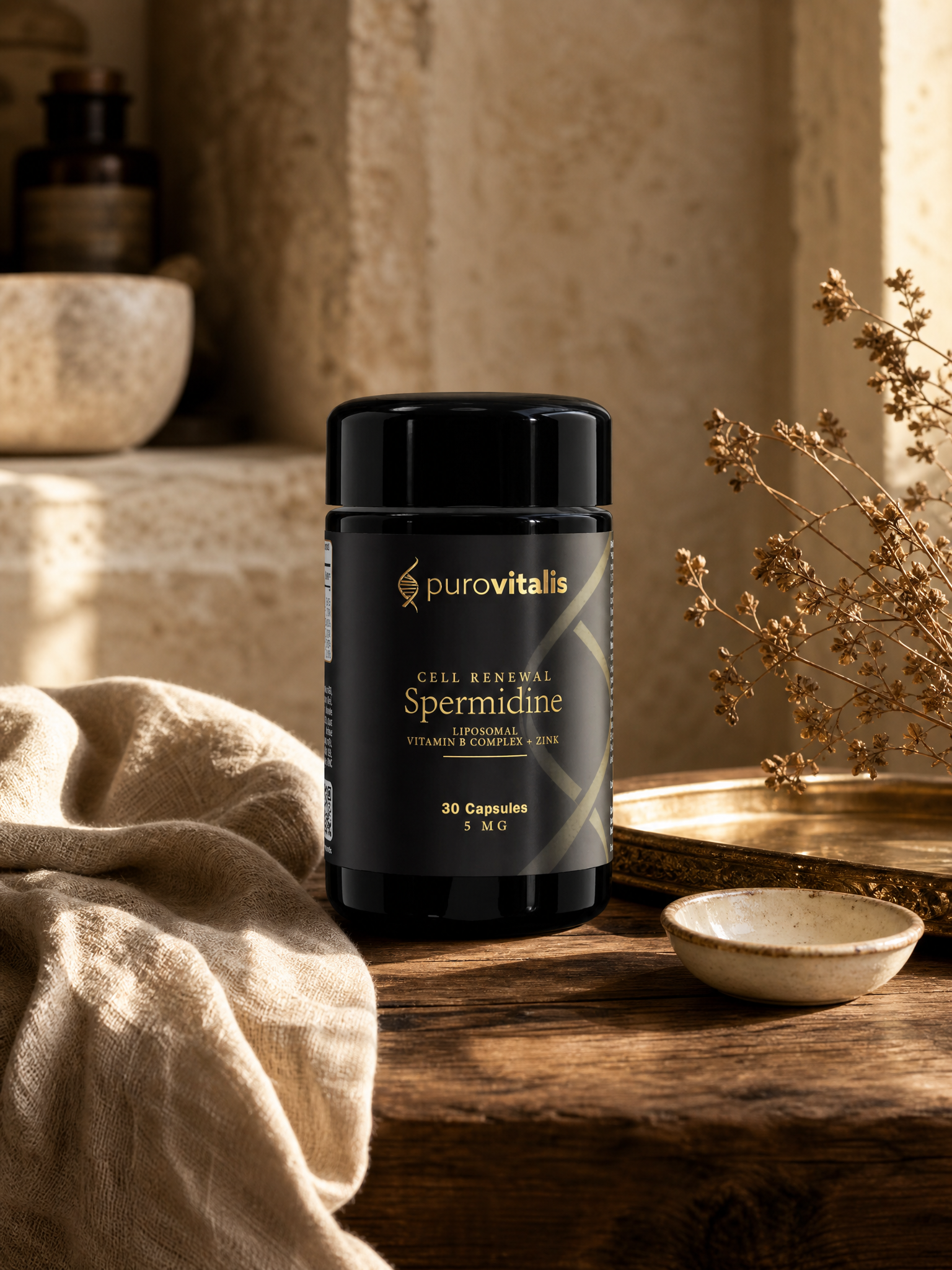 Cell Renewal Liposomal Spermidine supplement by Velorae Essence — matte black jar with gold lettering