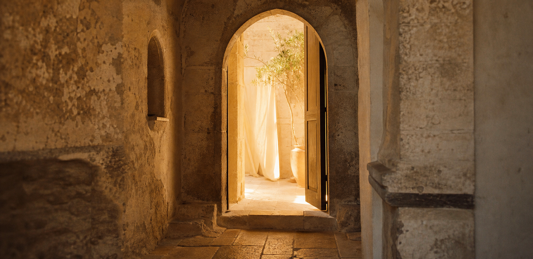 The threshold — a doorway opening to warm light